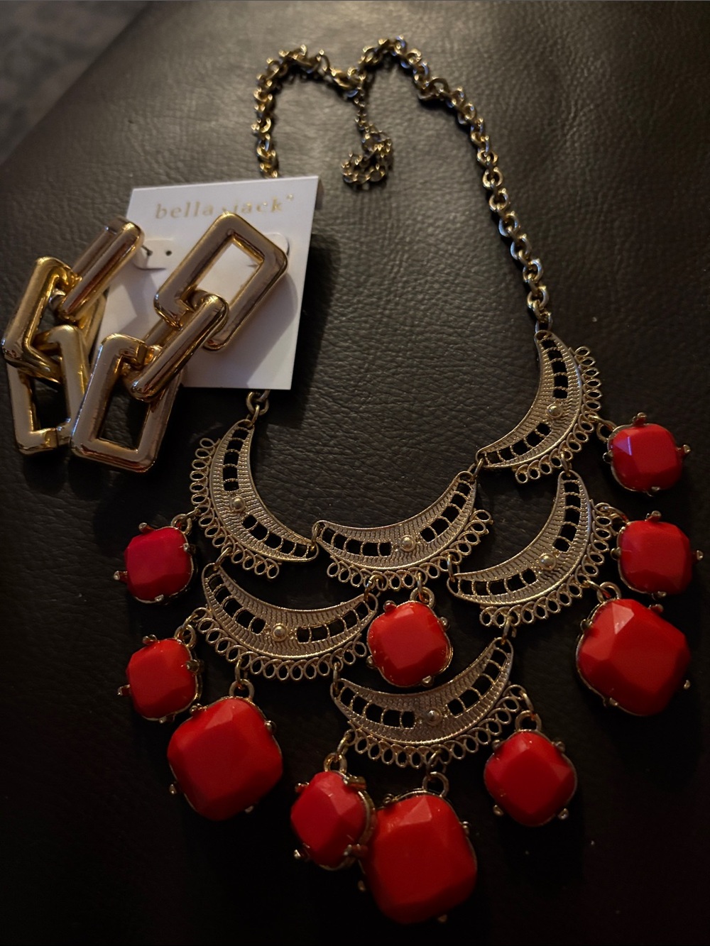 Gold-Tone Statement Necklace with Red Gem Pendants